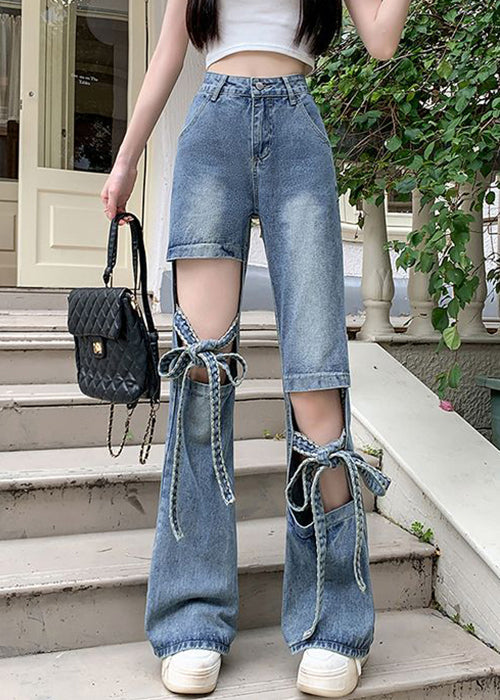 Pantalon en denim bleu moderne à lacets pour le printemps