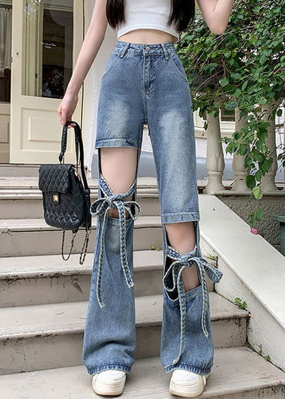 Pantalon en denim bleu moderne à lacets pour le printemps