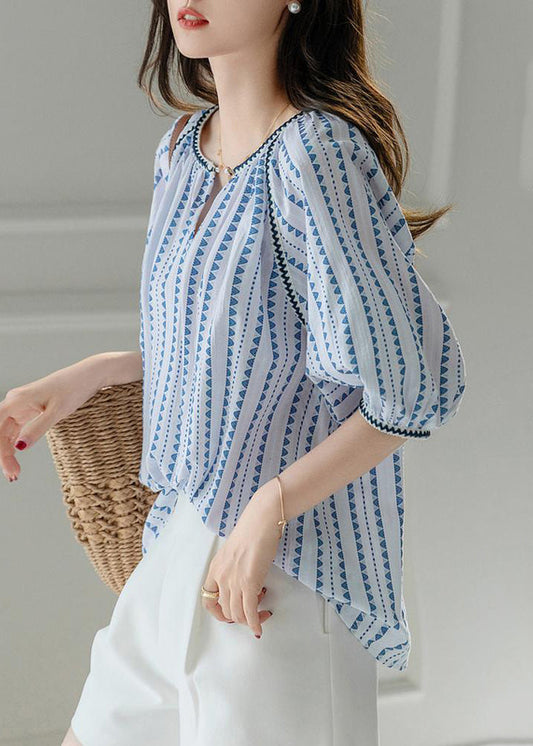 Modernes blaues Chiffon-Shirt mit Rundhalsausschnitt und Puffärmeln WW004