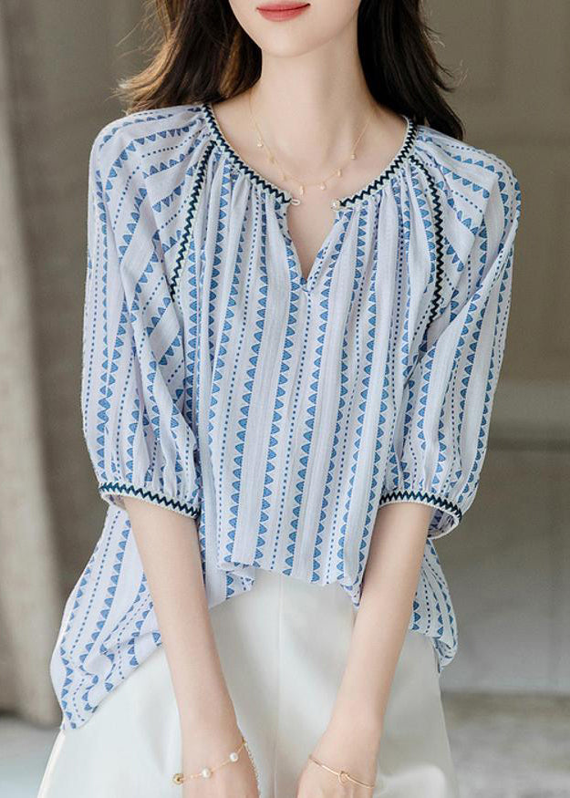 Modernes blaues Chiffon-Shirt mit Rundhalsausschnitt und Puffärmeln WW004