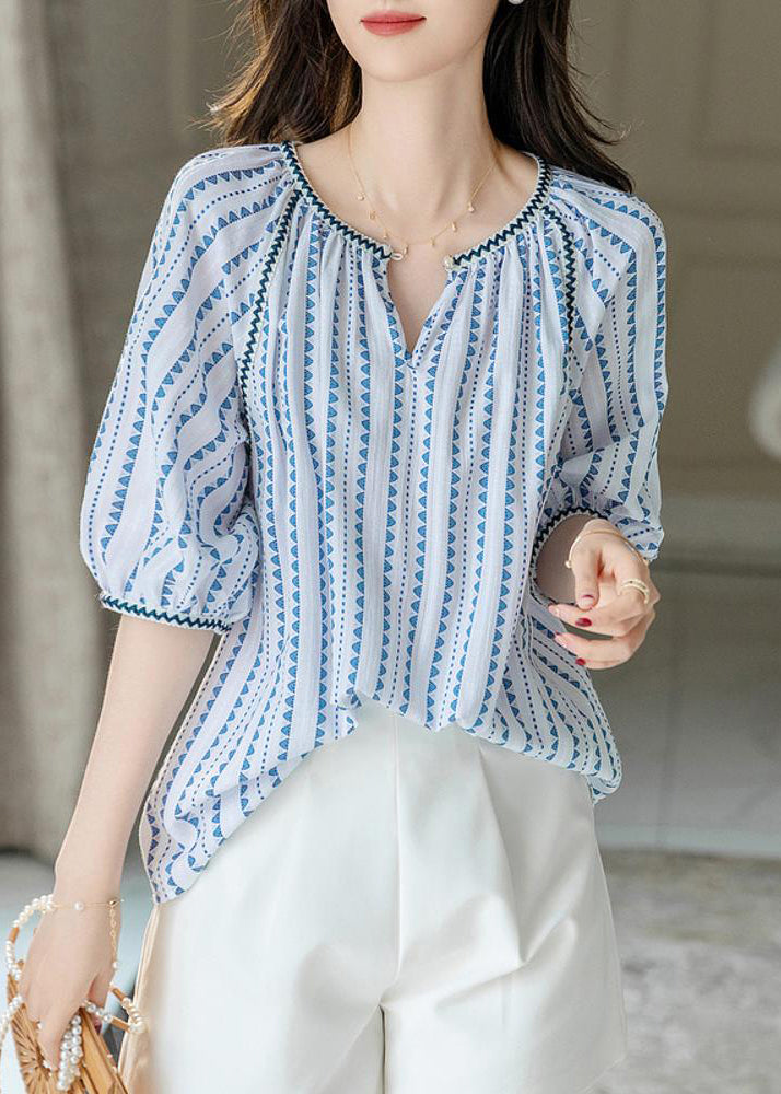 Modernes blaues Chiffon-Shirt mit Rundhalsausschnitt und Puffärmeln WW004