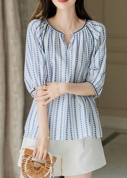 Modernes blaues Chiffon-Shirt mit Rundhalsausschnitt und Puffärmeln WW004