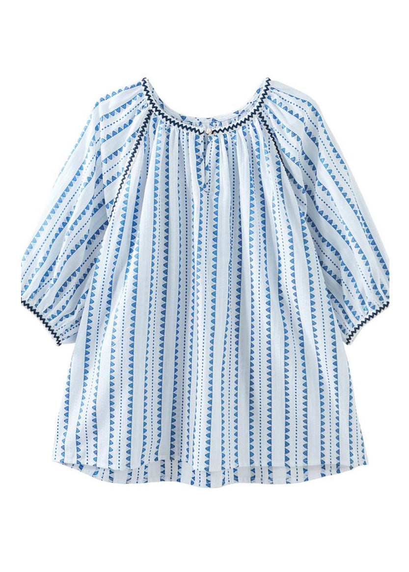 Modernes blaues Chiffon-Shirt mit Rundhalsausschnitt und Puffärmeln WW004