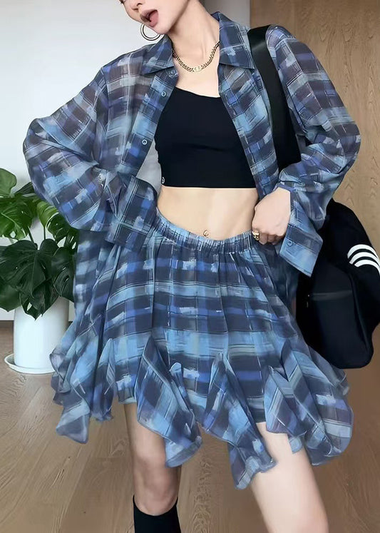 Blue Piece Chiffon Two Modern Set Summer Oversized Outfits Plaid