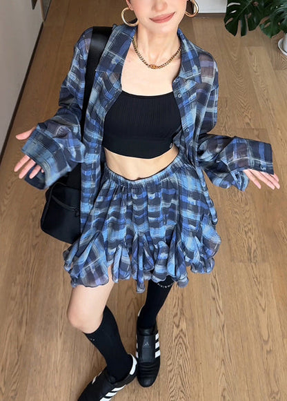 Blue Piece Chiffon Two Modern Set Summer Oversized Outfits Plaid