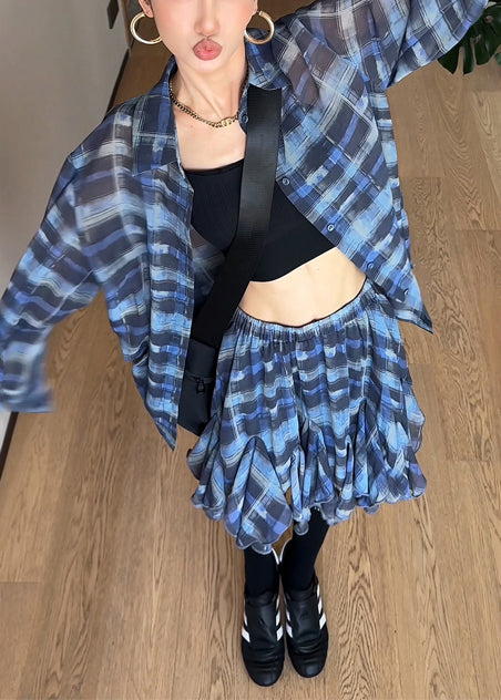 Blue Piece Chiffon Two Modern Set Summer Oversized Outfits Plaid
