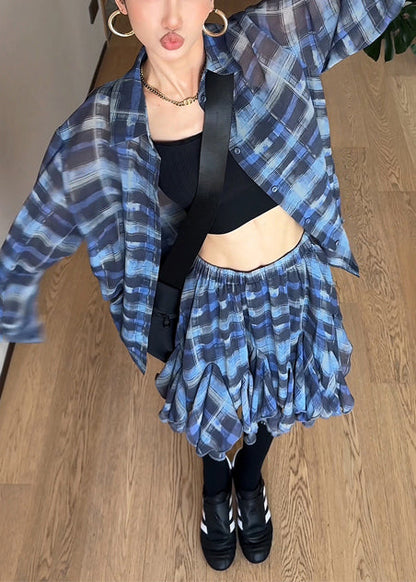 Blue Piece Chiffon Two Modern Set Summer Oversized Outfits Plaid