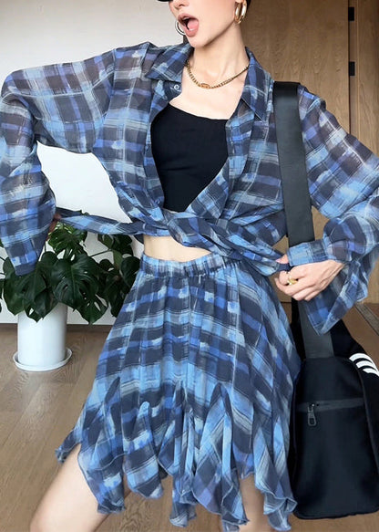 Blue Piece Chiffon Two Modern Set Summer Oversized Outfits Plaid
