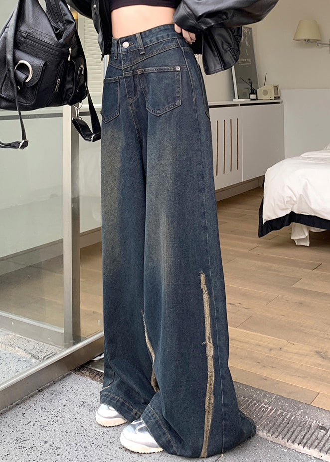 Moderne blaue Jeanshose mit hoher Taille und weitem Bein und Taschen für den Herbst PP041