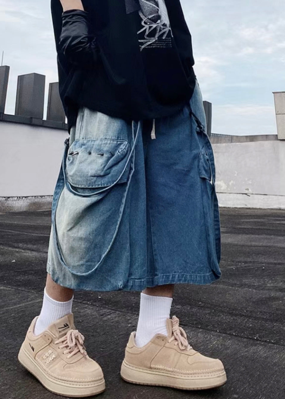 Herren Denim Moderne Taschen Sommer Shorts Blau Übergroß