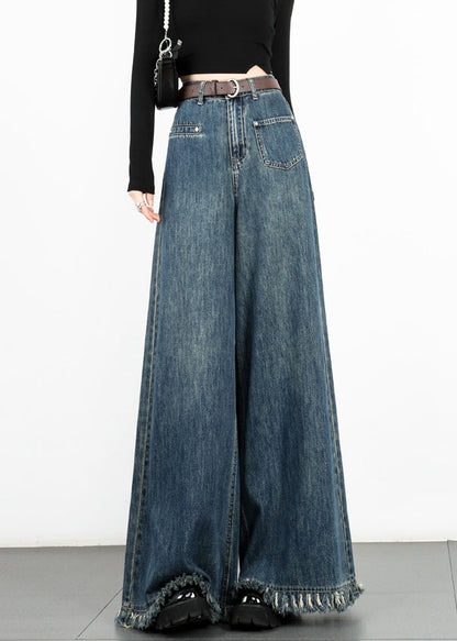 Pantalon large en denim bleu moderne à taille haute avec pompons Automne AW1003