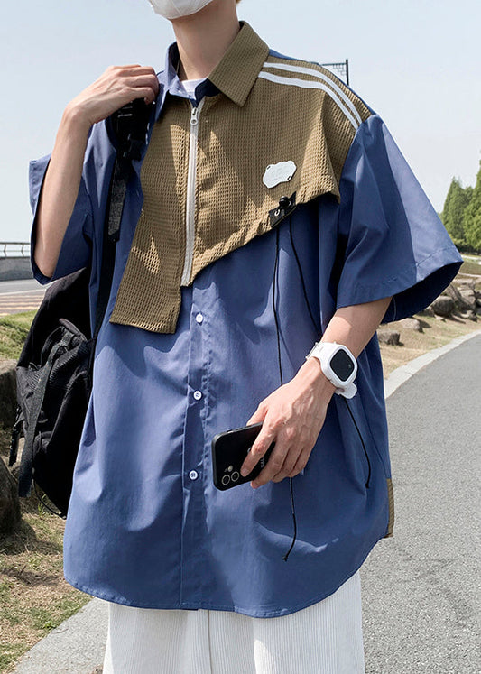 Hemden Baumwolle Halbarm Blau Herren Patchwork Reißverschluss Modern