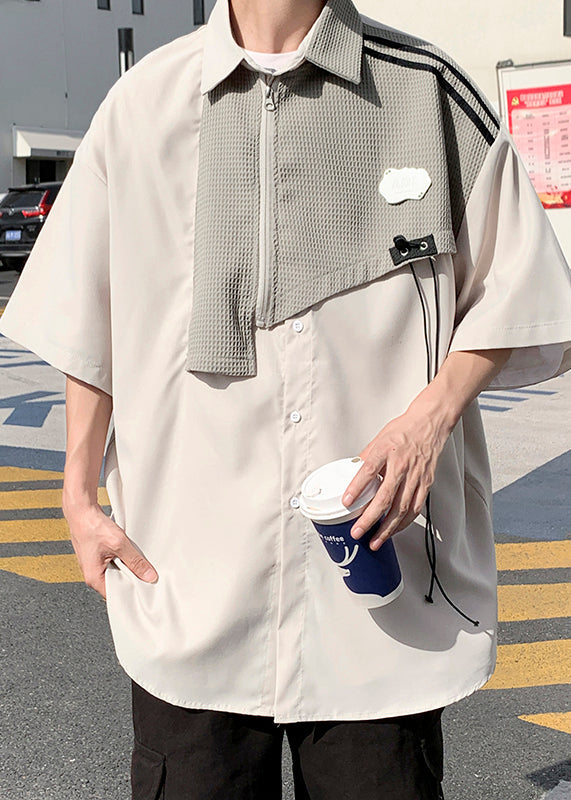 Hemden Baumwolle Halbarm Blau Herren Patchwork Reißverschluss Modern