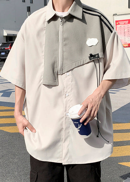 Hemden Baumwolle Halbarm Blau Herren Patchwork Reißverschluss Modern