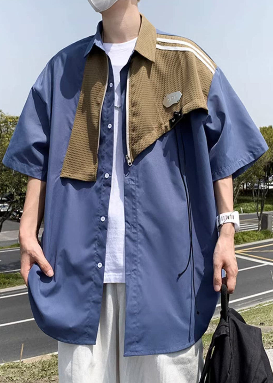 Hemden Baumwolle Halbarm Blau Herren Patchwork Reißverschluss Modern