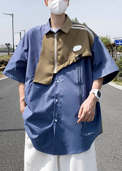 Hemden Baumwolle Halbarm Blau Herren Patchwork Reißverschluss Modern