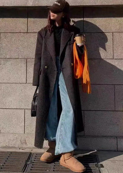 Moderner brauner Peter-Pan-Kragen mit Taschen, Wollmantel, Winter, RL007