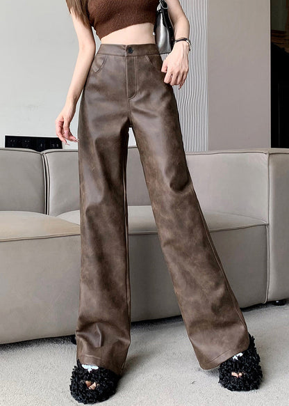 Pantalon en similicuir taille haute avec poches marron moderne Automne WL009