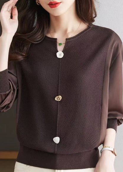 Haut en tricot patchwork à col rond et motif café moderne, printemps TQ019