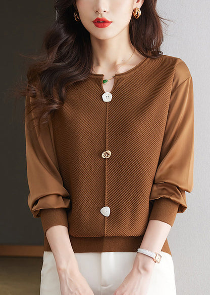 Haut en tricot patchwork à col rond et motif café moderne, printemps TQ019
