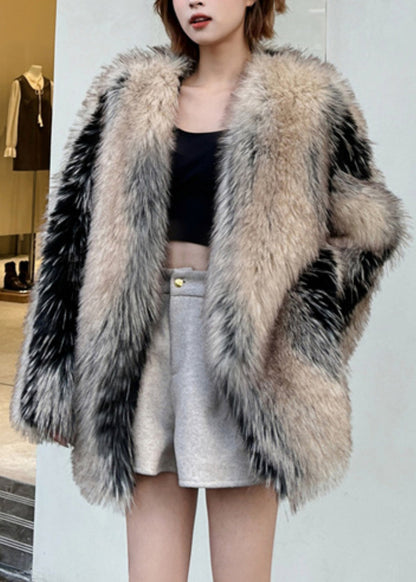 Modern Colorblock Leather And Fur Coats V Neck Winter RD006