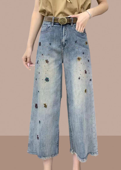 Pantalon large taille haute en denim bleu moderne avec poches pour l'été GH1015