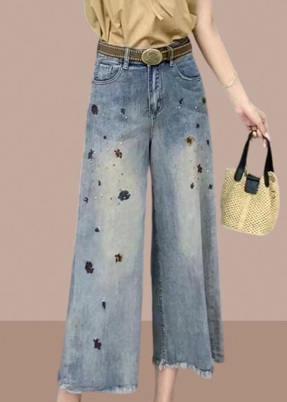 Pantalon large taille haute en denim bleu moderne avec poches pour l'été GH1015