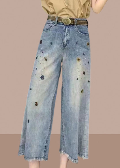 Pantalon large taille haute en denim bleu moderne avec poches pour l'été GH1015