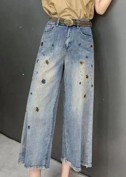 Pantalon large taille haute en denim bleu moderne avec poches pour l'été GH1015