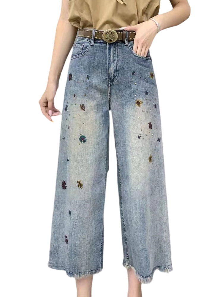 Moderne Denim Blau Taschen Hohe Taille Kurze Weite Bein Hose Sommer GH1015