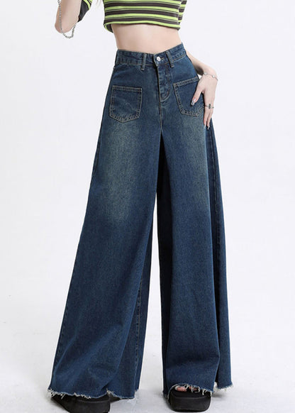 Pantalon large taille haute en denim bleu moderne avec poches Automne AW1002