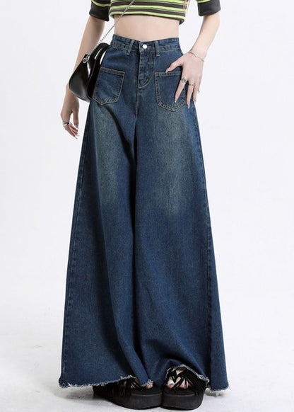 Pantalon large taille haute en denim bleu moderne avec poches Automne AW1002