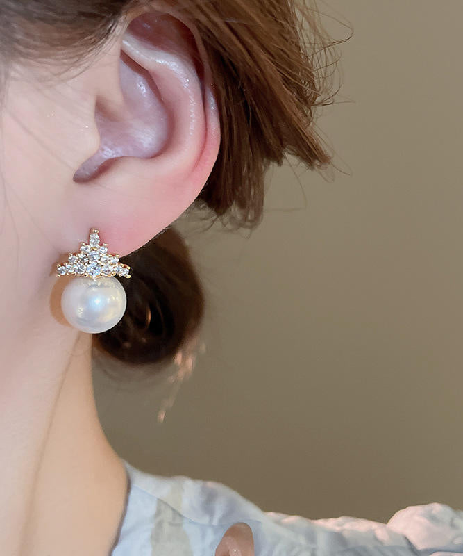 Modern Gold Copper Alloy Zircon Crown Pearl Stud Earrings WZ009