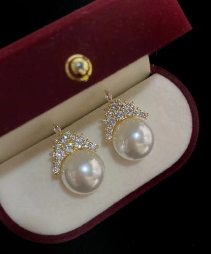 Modern Gold Copper Alloy Zircon Crown Pearl Stud Earrings WZ009