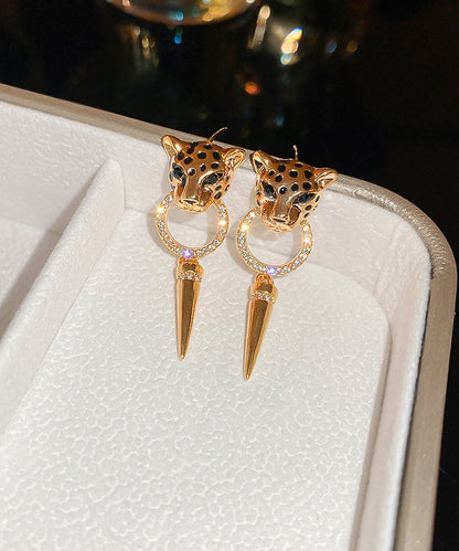 Modern Gold Metal Overgild Zircon Leopard Head Cone Tassel Drop Earrings ZZ029