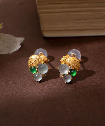 Earrings Gold Stud Overgild Sterling Silver Jade Grape Modern