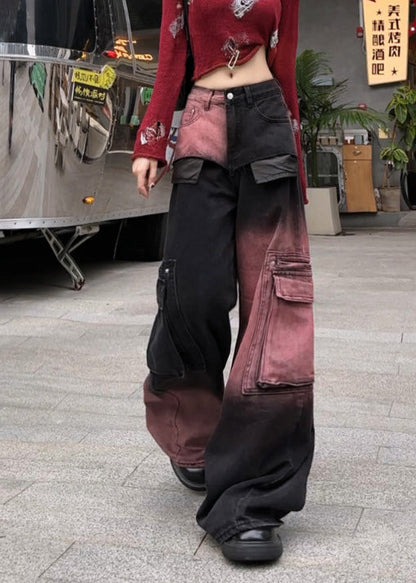 Moderne Farbverlauf Übergroße Jeanshose mit Taschen Frühling YF018