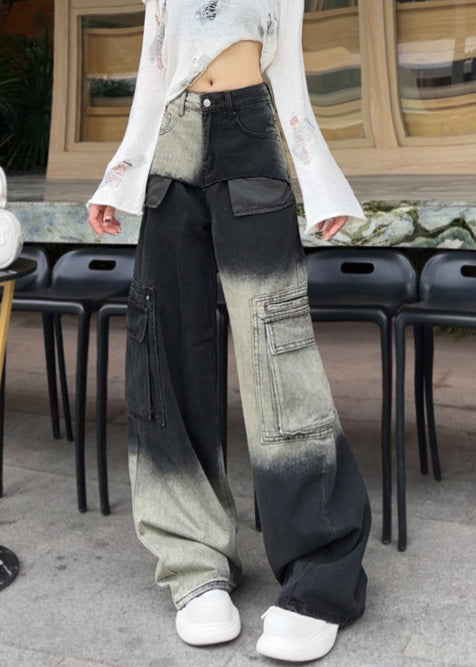 Moderne Farbverlauf Übergroße Jeanshose mit Taschen Frühling YF018