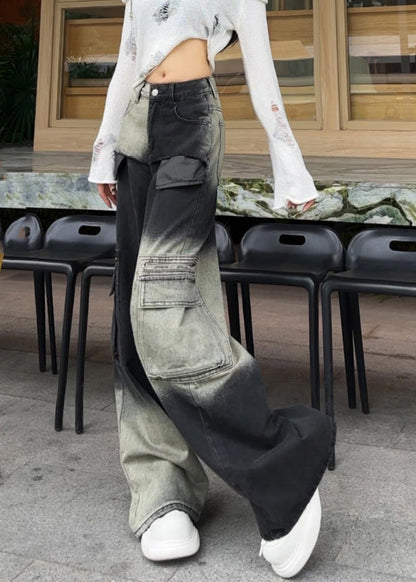 Moderne Farbverlauf Übergroße Jeanshose mit Taschen Frühling YF018