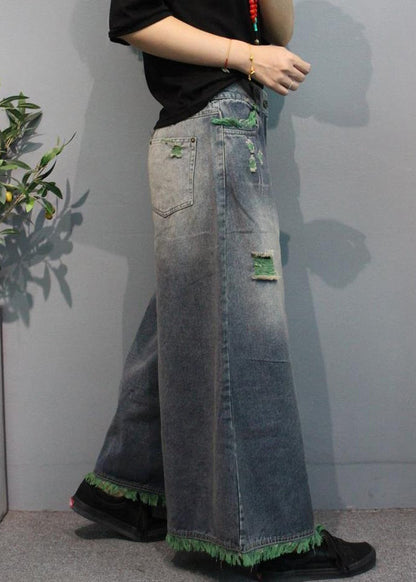 Pantalon large en denim taille haute avec poches vertes modernes pour l'été MN096