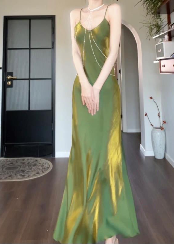 Modern Green Maxi Silk Draping Strap Slash Neck Spaghetti