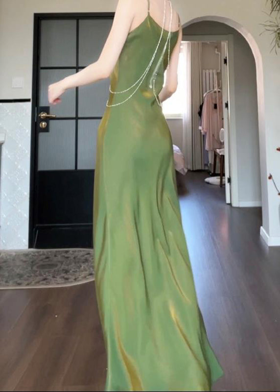 Modern Green Maxi Silk Draping Strap Slash Neck Spaghetti