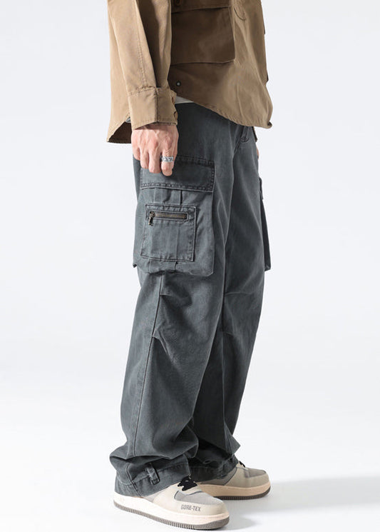 Pantalon taille haute pour homme, gris, coton, poches, moderne