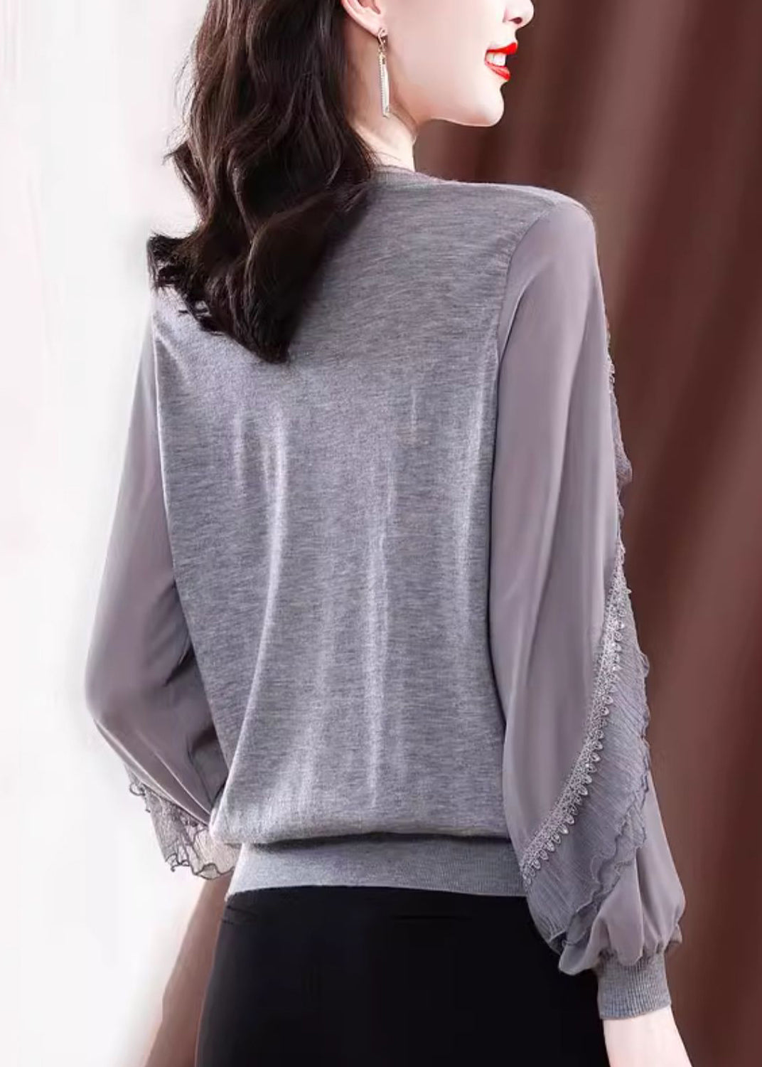 Haut en tricot patchwork de soie glacée gris moderne à col en V, printemps TE029
