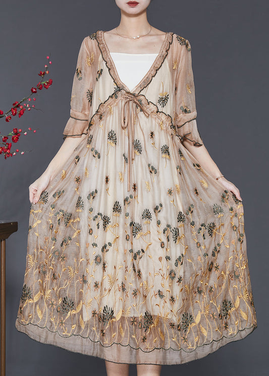 Modern Khaki Ruffled Embroidered Silk Dress Summer SD1095