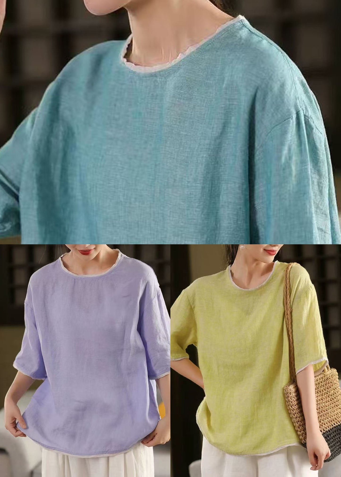Summer Oversized Green Modern Linen Tanks Light Patchwork
