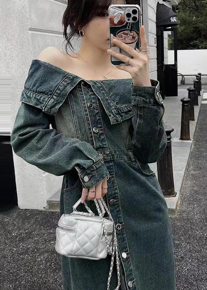 Cold Dresses Modern Denim Summer Shoulder Side Open Navy
