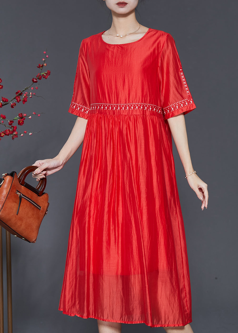 Modern Orange Embroidered Linen Silk Dress Summer SD1094