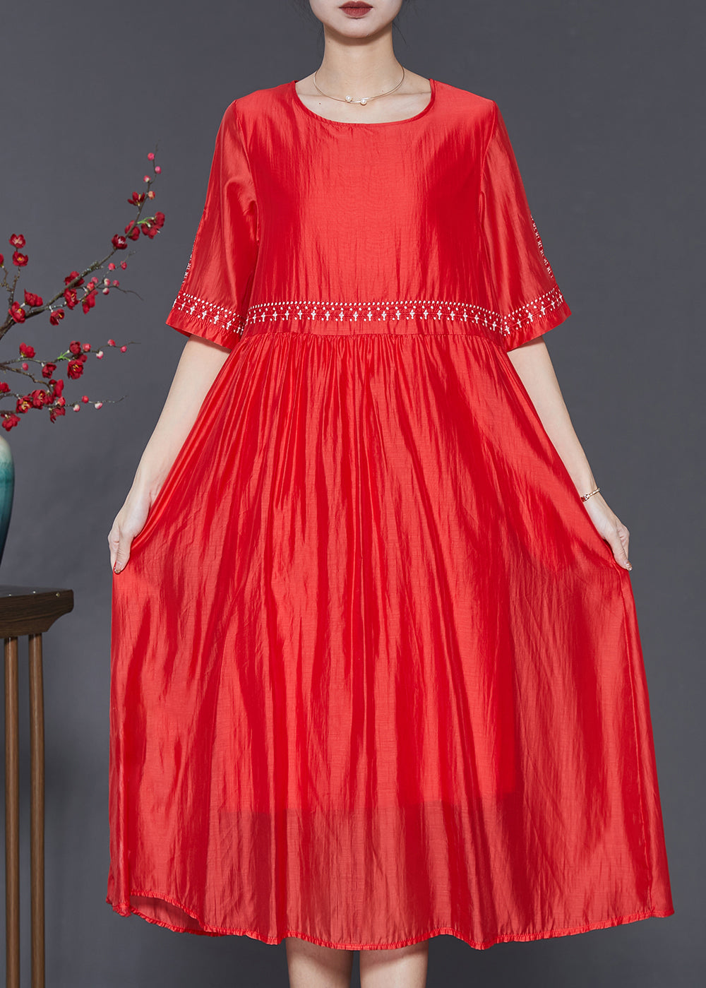 Modern Orange Embroidered Linen Silk Dress Summer SD1094