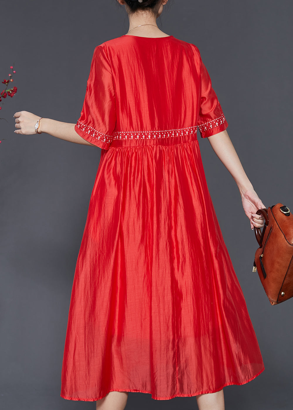 Modern Orange Embroidered Linen Silk Dress Summer SD1094